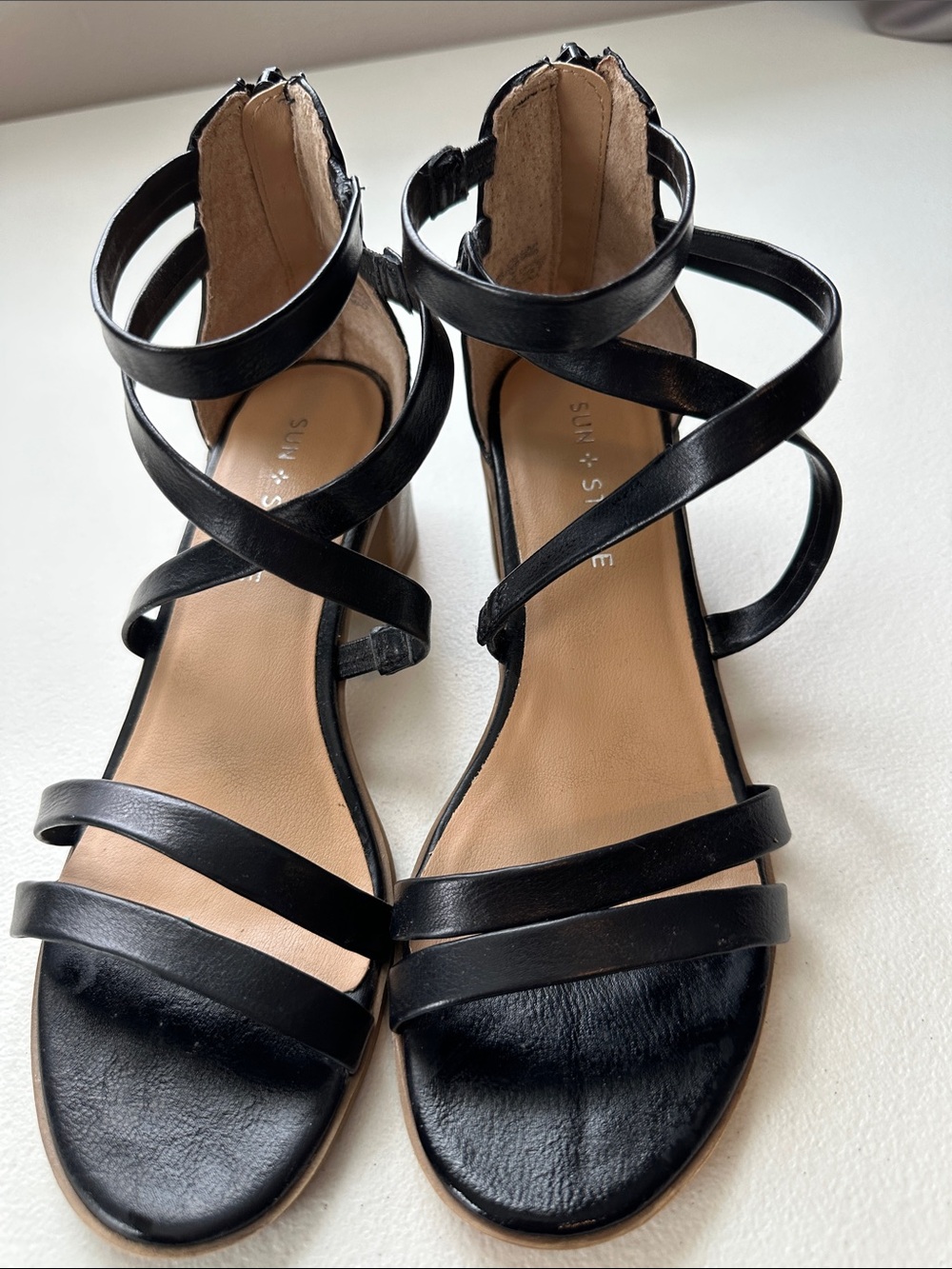 Sun + Stone Black Strappy Multi‑Wrap Sandals